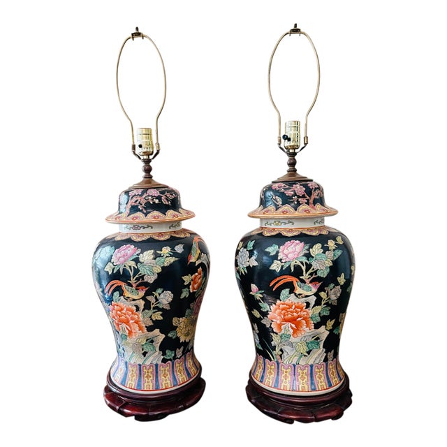 Vintage Chinese Famille Noire with Floral Birds Ginger Jar Table Lamps - Pair For Sale