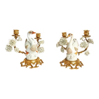 Pair of Mottahedeh Porcelain Swan-Form Two-Light Candelabra For Sale