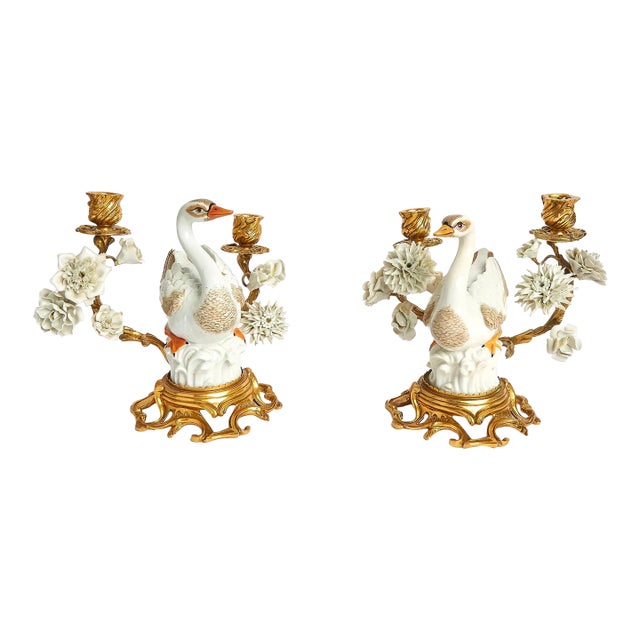 Pair of Mottahedeh Porcelain Swan-Form Two-Light Candelabra For Sale