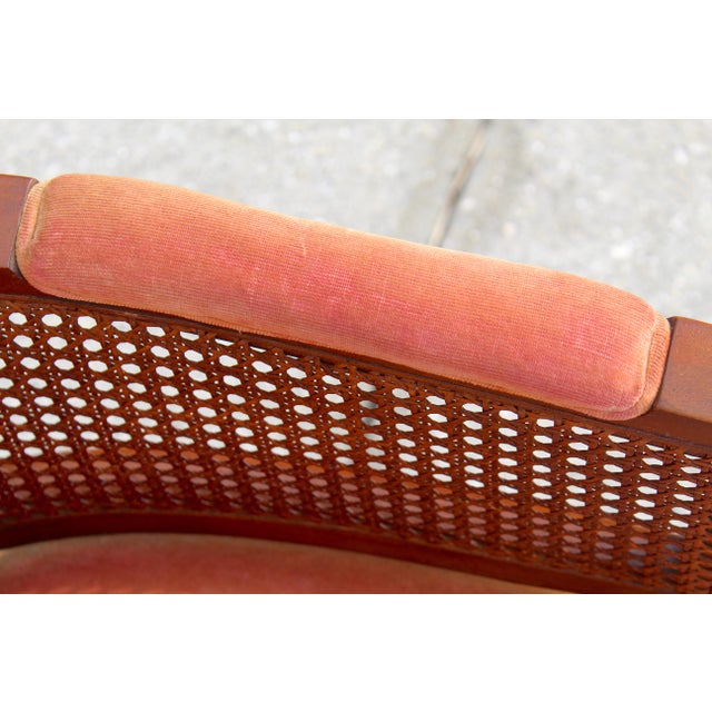 Vintage Tufted Velvet Upholstered Pair of Mid-Century Modern Armchairs With Cane Sides For Sale - Image 17 of 18