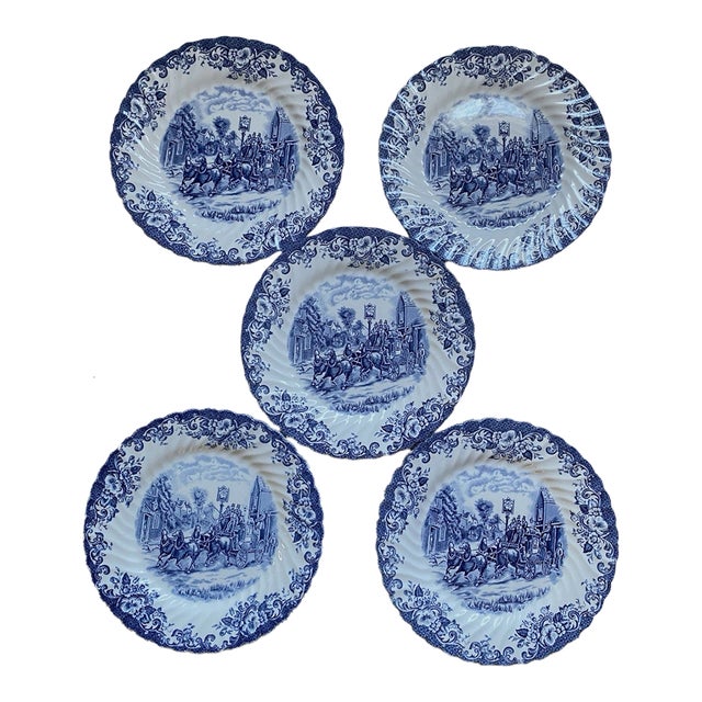 Vintage MCM Johnson Bros Blue Ironstone Coaching Scenes England Dinner Plates -Set 4 For Sale