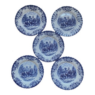 Vintage MCM Johnson Bros Blue Ironstone Coaching Scenes England Dinner Plates -Set 5 For Sale