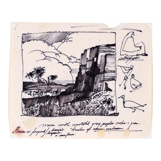 Desert Sunflowers & Petroglyphs - Line Drawing Landscape in Ink on Paper by Laurence Sisson For Sale