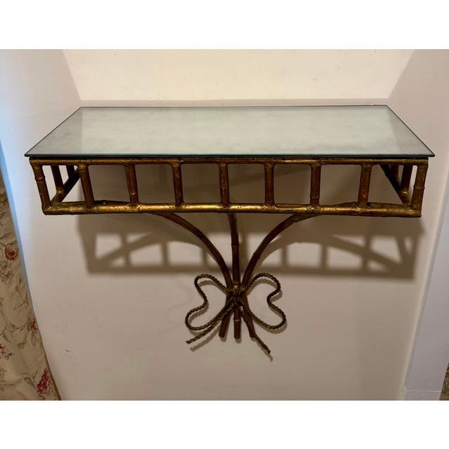 Hollywood Regency Gilt Iron Faux Bamboo Wall Shelf / Console For Sale - Image 3 of 12