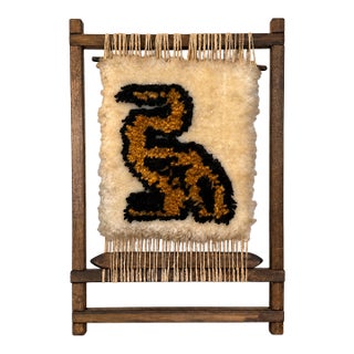 Vintage Mid-Century Woven Fiber Art Stylized Animal Motif Wall Hanging on Wood Frame For Sale