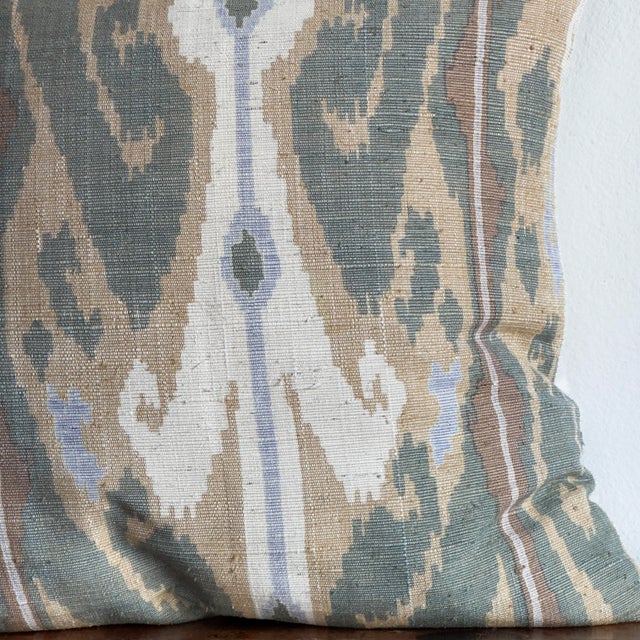 Indian Ikat Raw Silk Square Decorative Pillow in Green, Tan For Sale - Image 3 of 5