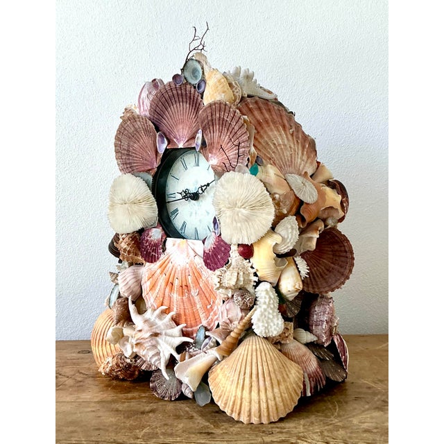 Traditional Vintage Boho Shell Encrusted Mantle Clock For Sale - Image 3 of 7