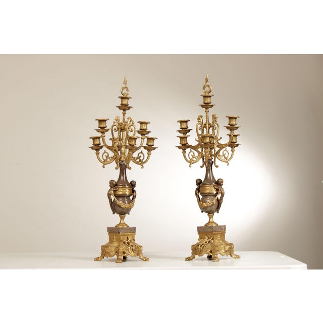 High Quality Italian Pair of 7-Light Gilt Bronze and Carved Marble Candelabra