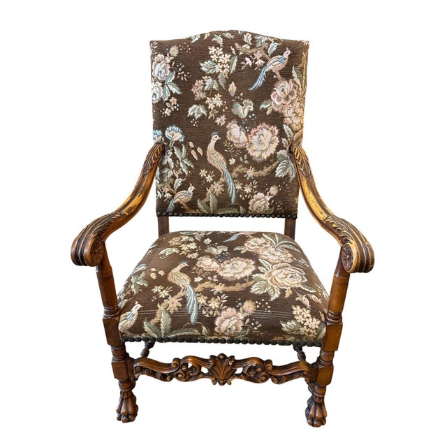 Handsome pair of French continental armchairs. They are classic Louis XVI/Baroque design, characterized by the tall,...