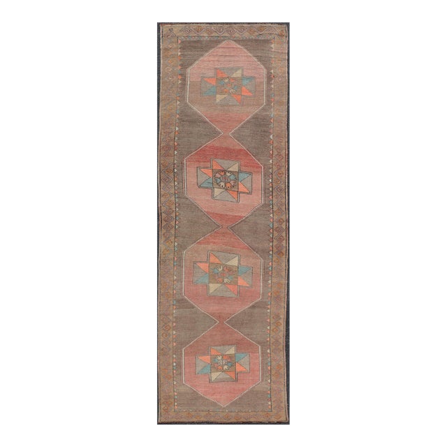 Vintage Turkish Kars Gallery Runner With Muted Red, Taupe, and Soft Teal For Sale