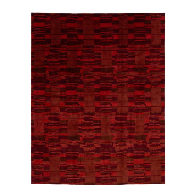 Modern Tibetan Wool & Silk Room Size Rug in Red With Abstract Design For Sale