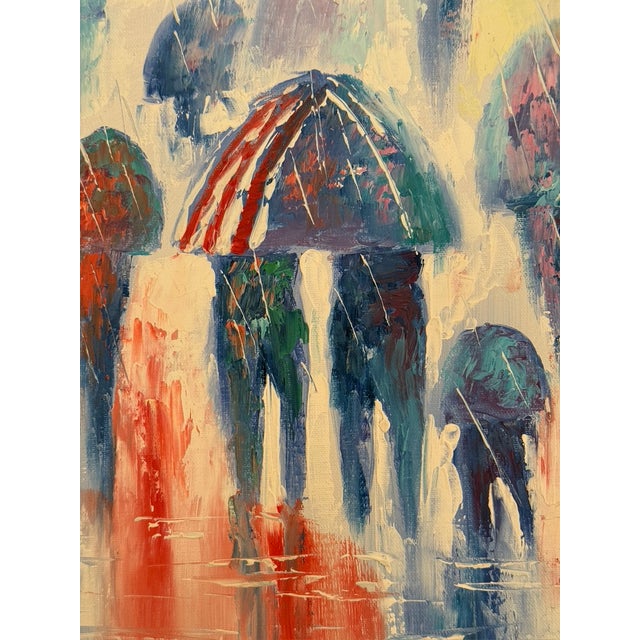 Mid-Century Impressionist Rainy Cityscape by W. Amion – Heavy Slate Blue Frame For Sale In Los Angeles - Image 6 of 15