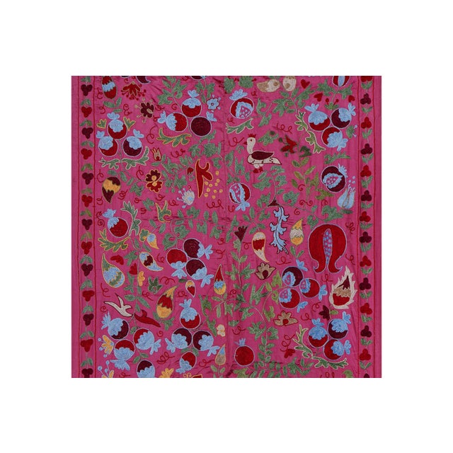 1960s Pink Uzbek Suzani Wall Hanging – Pomegranate Tree & Animal Motif Embroidery 3'5'' X 6' For Sale - Image 5 of 9