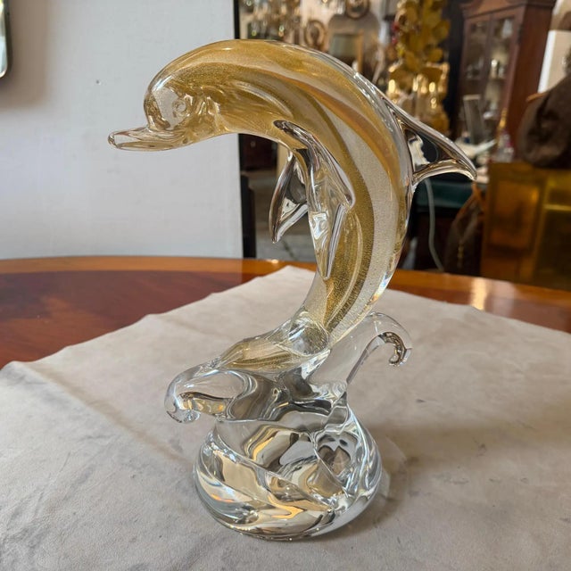 Modern 1990s Barovier Style Modern White and Gold Murano Glass Dolphin For Sale - Image 3 of 12