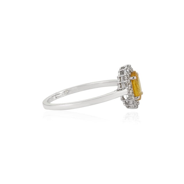 Metal Oval Yellow Sapphire & Diamond Halo Vintage Ring in 14k White Gold Size 9 For Sale - Image 7 of 16