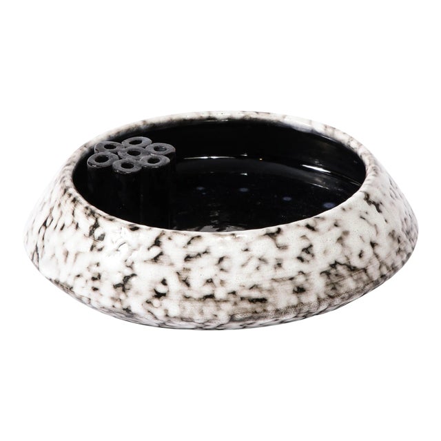 Mid-Century Modernist White and Earth Toned Ceramic Vase with Flower Frog For Sale