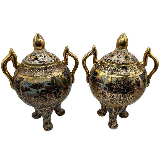Vintage Royal Satsuma Style Lidded Cachet Pots - A Pair For Sale - Image 11 of 12