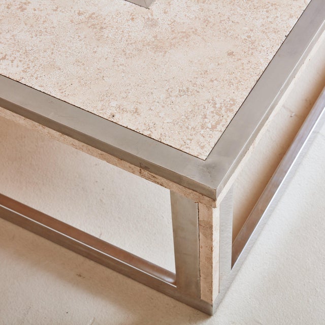 Metal Chrome + Travertine Square Coffee Table, France 1970s For Sale - Image 7 of 11