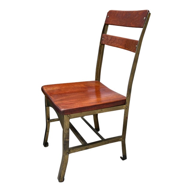 Restored 1900s Antique Child's School Chair Gold Painted Metal With Red Mahogany Colored Stained Wood Seat & Back Wooden Kindergarten Chair For Sale