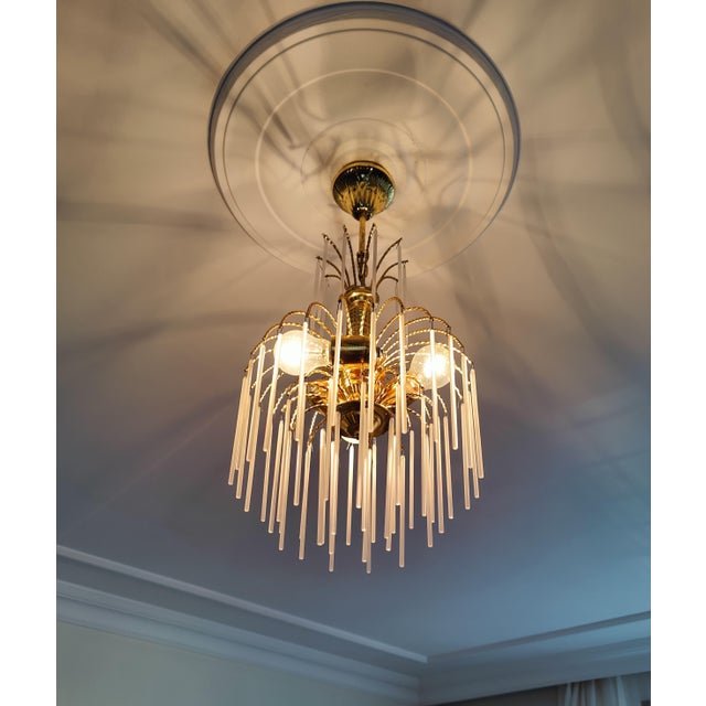 Vintage Brass Chandelier Milk Glass Rods Ceiling Light For Sale - Image 9 of 14