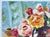 This is a beautiful abstract still life of yellow, white, and pink garden-picked roses surrounded by hues of blue,...