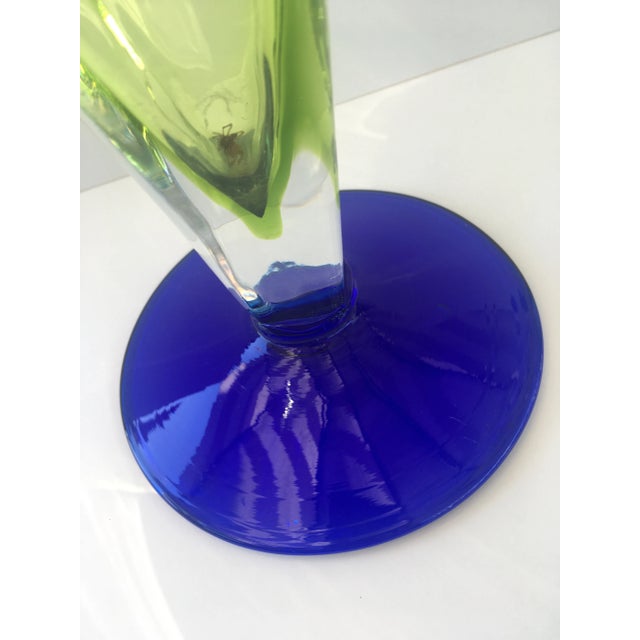 Blenko Blenko Art Glass Art Deco Fan Shape Two Tone Color of Deep Sapphire Blue & Light Green Vase For Sale - Image 4 of 13