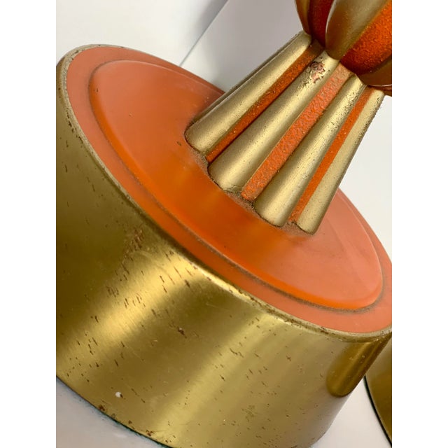 Vintage Mid-Century Modern, Atomic Ranch, Hollywood Regency Orange and Brass Lamps in the Style of Tony Paul- a Pair For Sale In San Antonio - Image 6 of 12