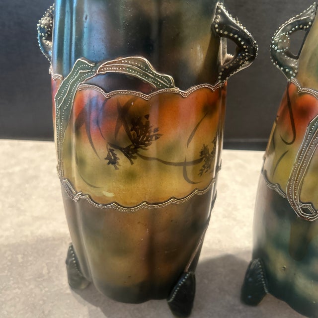 Green Pair of Antique Nippon Moriage Vases For Sale - Image 8 of 10