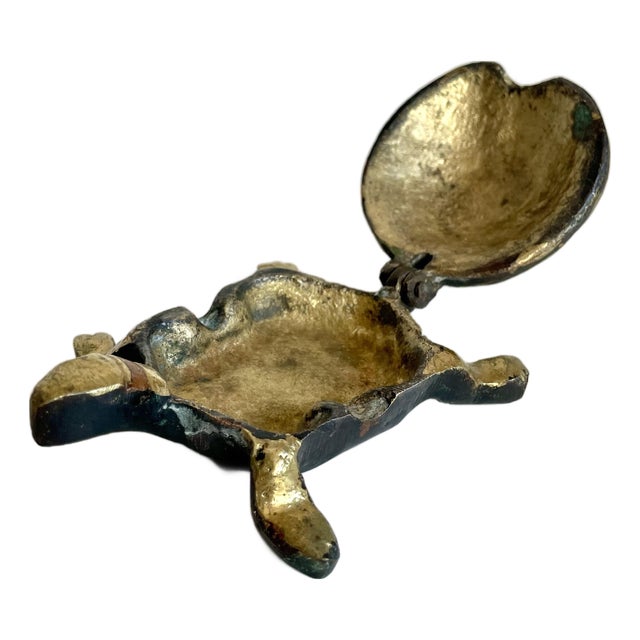 Here is a vintage mid-century figural turtle ashtray with a wonderfully sculptural form and beautifully aged mixed-metal...