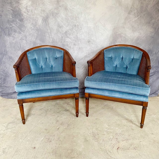 French 1990s Cane and Upholstered Club Accent Barrel Chairs a Pair For Sale - Image 3 of 17