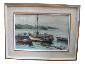 Ottone Griselli Italy "Barche a Ormeggio" Boats at Anchor Framed Oil Painting