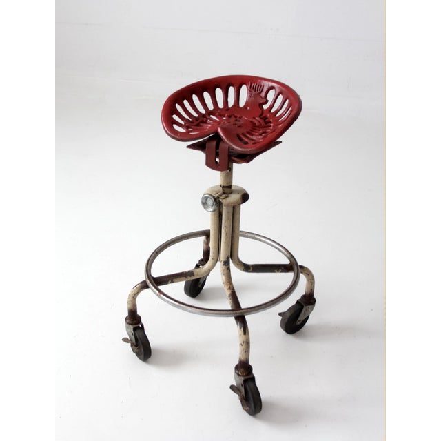 Vintage Industrial Rolling Stool With Cast Iron Tractor Seat For Sale - Image 4 of 18