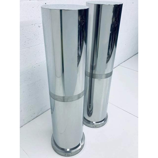 1970s Polished Steel Tall Circular Pedestal Tables With Brushed Steel Banding - a Pair For Sale - Image 5 of 13
