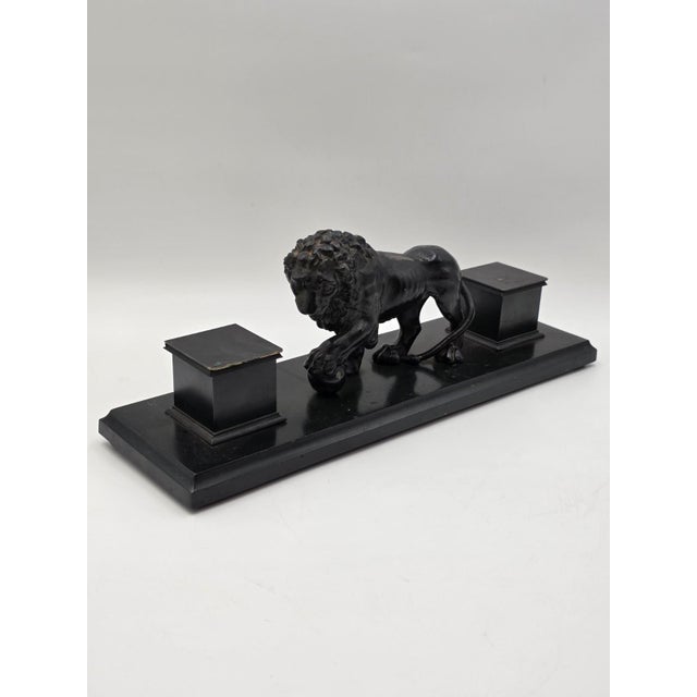 Black 19th C Victorian Cast Iron Lion Double Inkwell Desk Set Antique Black Japanned. For Sale - Image 8 of 18