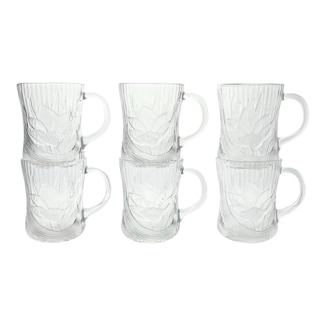 1990s Vintage Arcoroc “Canterbury” 6 Glass Mugs, Lotus Water Lily Design For Sale