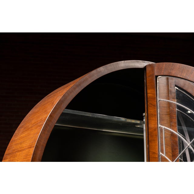 Wood 1930s Circular Art Deco Liquor Cabinet With Leaded Glass Doors For Sale - Image 7 of 18
