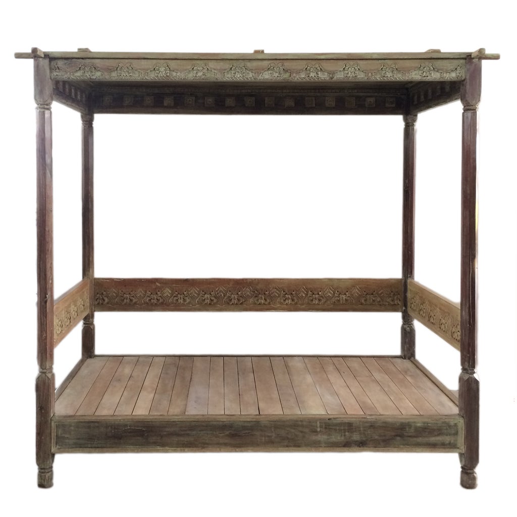 Rustic Carved Four Poster Canopy Teak Daybed Chairish