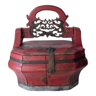 Antique Chinese Red Wooden Wedding Bridal Box For Sale