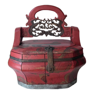 Antique Chinese Red Wooden Wedding Bridal Box