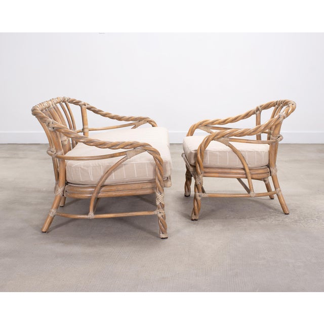 Wood Pair of McGuire Organic Modern Cerused Twisted Rattan Settee and Lounge Chair For Sale - Image 7 of 18