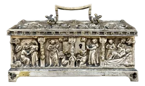 Antique Italian Gothic Silvered Bronze Casket Box With Relief Carvings and Figural Scenes, Marked