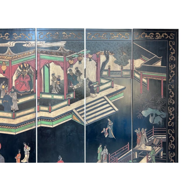 1970s Vintage Chinese Coromandel Lacquer Court House Theme 8 Panel Screen For Sale - Image 5 of 12