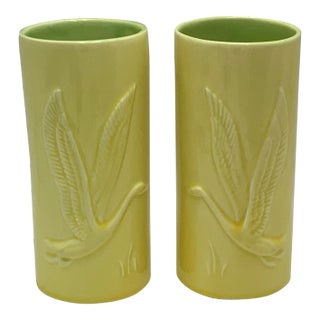 1940s Heron Relief Yellow Citron Interior Embossed Cylinder Column Vases- Set of 2 For Sale