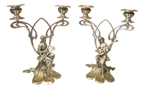 Sterling Silver Candleholders with Women Playing Guitar, France, 1920s, Set of 2