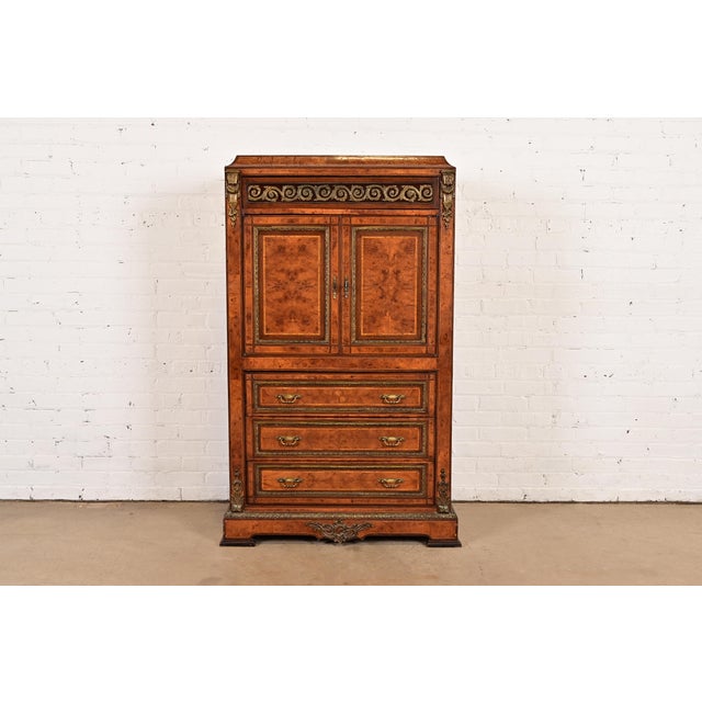 Maison Forest Style Antique French Empire Burl Wood Armoire Dresser or Gentleman's Chest With Mounted Ormolu, Circa 1880s For Sale - Image 12 of 12