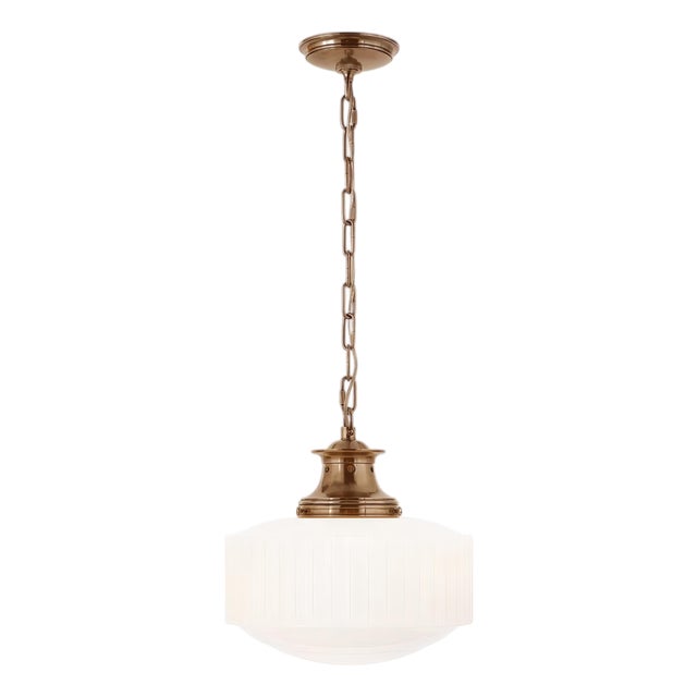 White Thomas O'Brien for Visual Comfort Signature Milton Road Flush Mount in Hand-Rubbed Antique Brass With Ribbed White Glass For Sale - Image 8 of 18