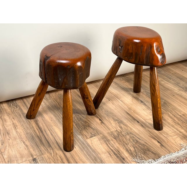 American Pair Vintage Live Edge Wabi Sabi Cherry Stools Signed Neil Panyik For Sale - Image 3 of 9