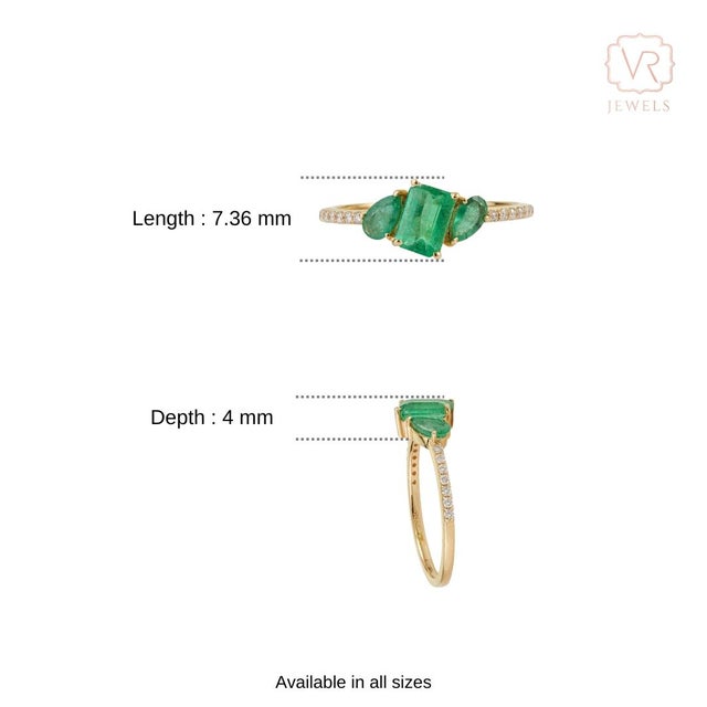 1.43ct Mixed-Cut Emerald & Diamond Three-Stone Ring Size 9 in 14k Yellow Gold For Sale - Image 11 of 16