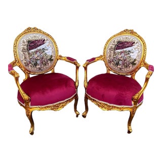 Vintage Set of 2 Louis XVI Armchairs, Hand-Carved Gilded Frame, Velvet Upholstery For Sale