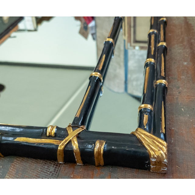 Mid-Century Faux Bamboo Chinoiserie Black and Gold Carved Wood Mirror For Sale - Image 9 of 16
